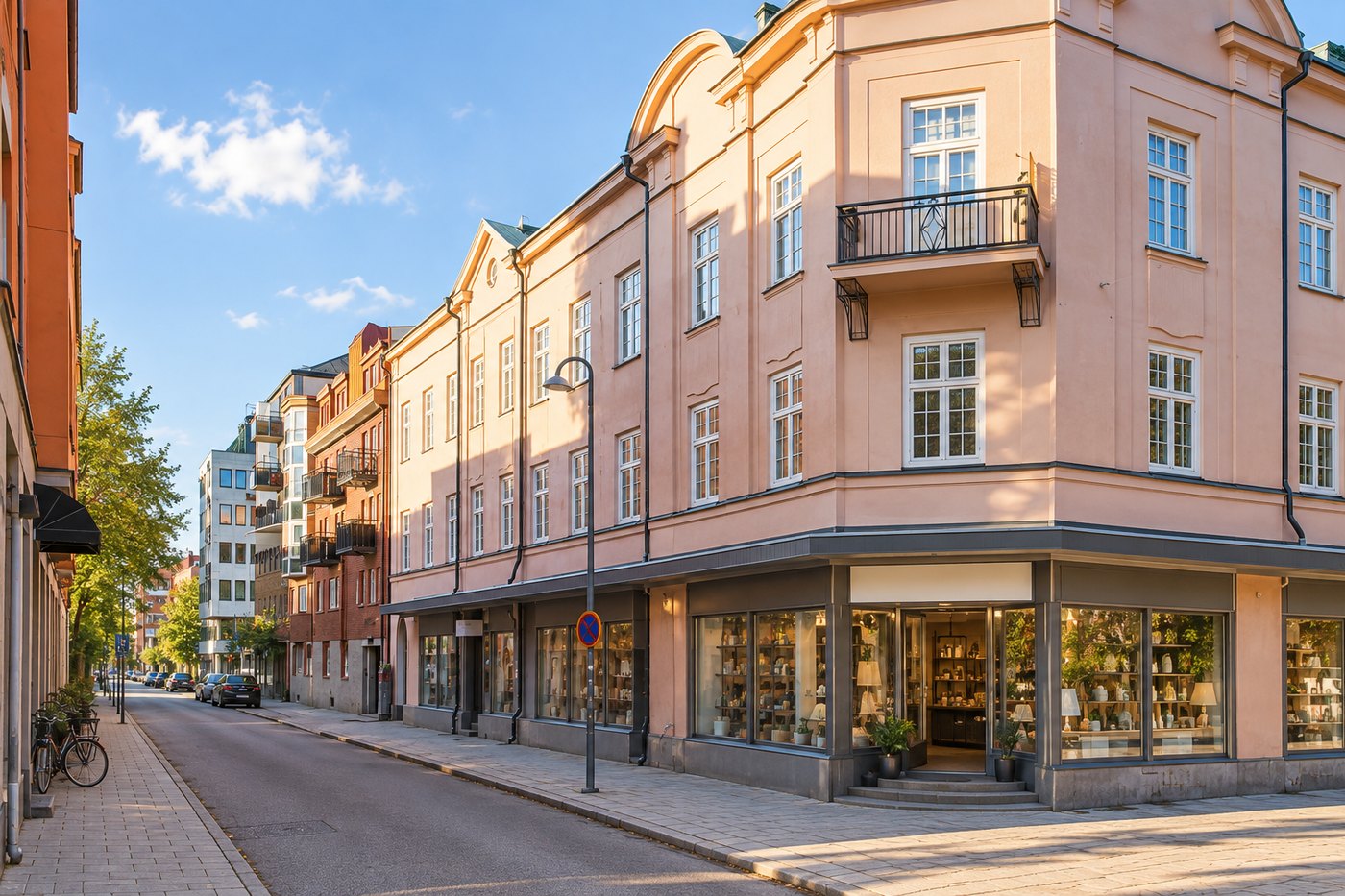 Gatuvy inspirerad av Norra Köpmangatan i Gävle, med ett rosa hörnhus i varmt ljus